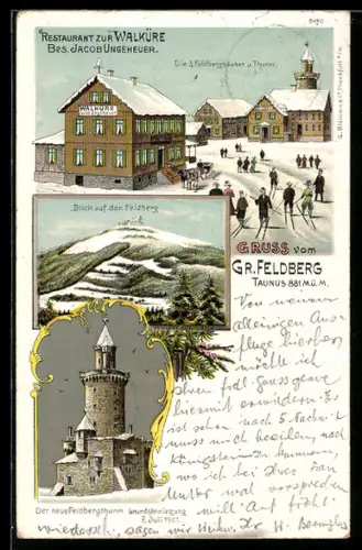 Winter-Lithographie Grosser Feldberg /Taunus, Restaurant zur Walküre J. Ungeheuer, Feldberghäuser, neuer Feldbergturm