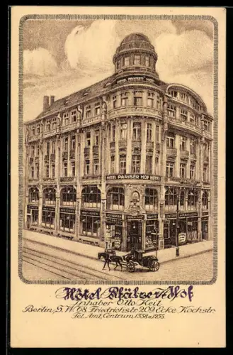 Lithographie Berlin, Hotel Pfälzer Hof, Inh. Otto Keil, Friedrichstrasse Ecke Kochstrasse