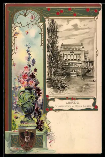 Passepartout-Lithographie Leipzig, Schwanenteich mit Neuen Theater, Reichswappen