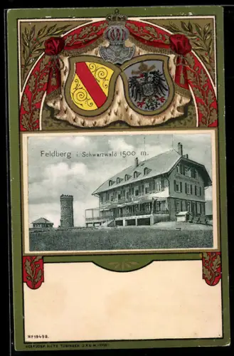 Passepartout-Lithographie Feldberg i. Schwarzwald, Gasthaus und Aussichtsturm, Wappen