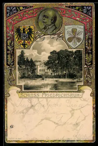 Passepartout-Lithographie Friedrichsruh, Schloss Friedrichsruh, Porträt Otto von Bismarck, Wappen