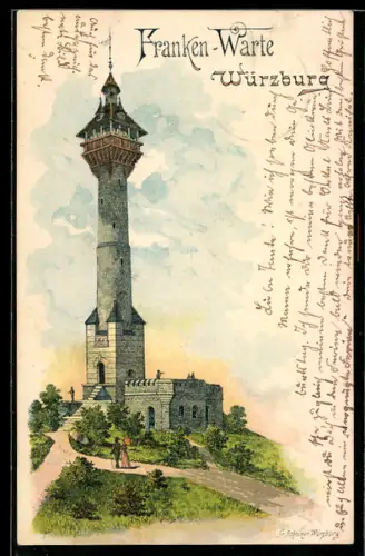 Lithographie Würzburg, Franken-Warte mit Anlagen