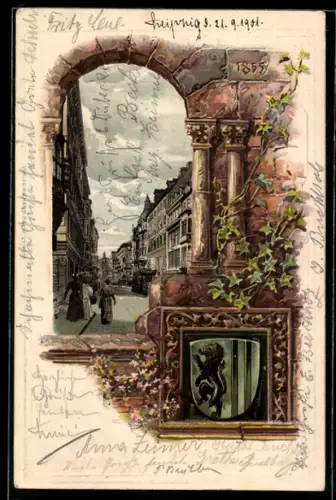 Passepartout-Lithographie Leipzig, Grimmaische Strasse, Ortsansicht durch Torbogen, Wappen