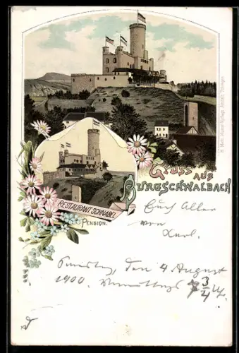 Lithographie Burgschwalbach, Burg, Restaurant-Pension Schnabel