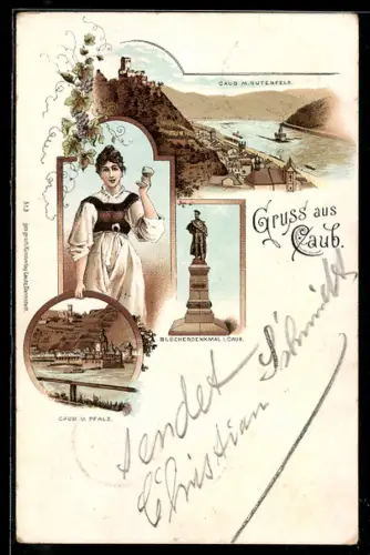 Lithographie Caub, Burg Gutenfels, Blücherdenkmal, Ort und Pfalz