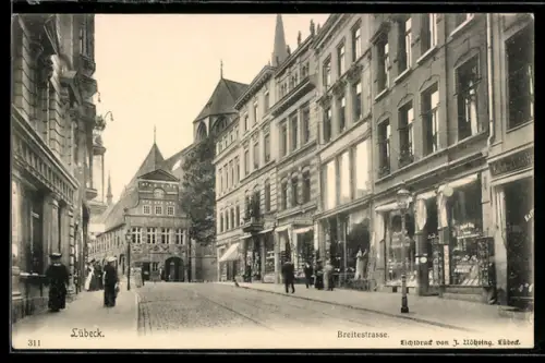 AK Lübeck, Breitestrasse, Panorama mit Geschäften, Gebäude mit Uhr