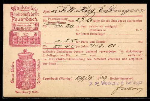 Lithographie Feuerbach /Württbg., Weckerle`s Bonbonsfabrik, Sänger-Pastillen, Werbekarte 1909