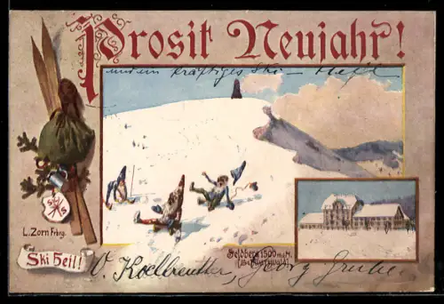 Künstler-AK Feldberg /Schwarzwald, Zwerge als Skifahrer, Gebäudeansicht, Winterlandschaft