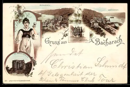 Lithographie Bacharach, Ortsansichten, St. Werner Kapelle