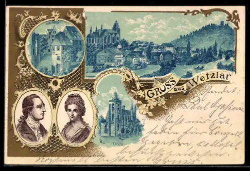 Lithographie Wetzlar, Lotte-Haus, Dom, Ortsansicht, Goethe, Charlotte Buff