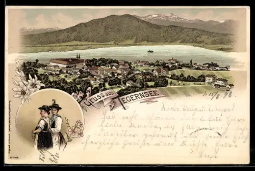Lithographie Tegernsee, Ortsansicht, Trachtenpaar, See und Berge