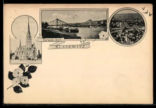 Lithographie Dresden-Blasewitz, Kirche, Brücke, Ortsansicht