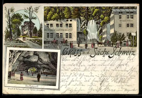 Vorläufer-Lithographie Lichtenhain /Sächsische Schweiz, 1895, Lichtenhainer Wasserfall, Gasthaus a. grossen Winterberg