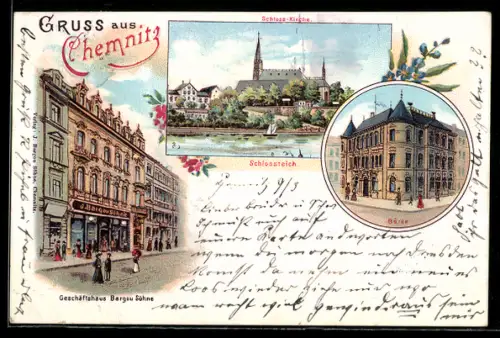 Lithographie Chemnitz, Geschäftshaus Barg0u Söhne, Schlosskirche, Schlossteich