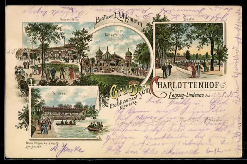 Vorläufer-Lithographie Leipzig-Lindenau, 1895, Gaststätte-Eiswerke Charlottenhof, Eckpavillon, Grosse Halle, Terrasse, B