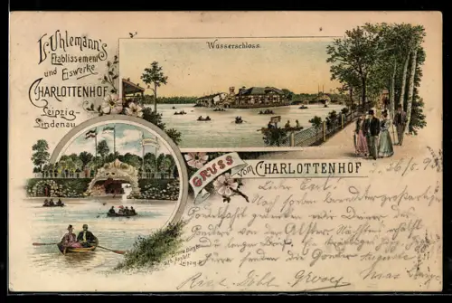 Vorläufer-Lithographie Leipzig-Lindenau, 1895, Gaststätte-Eiswerke Charlottenhof Uhlemann, Wasserschloss, Bootspartien