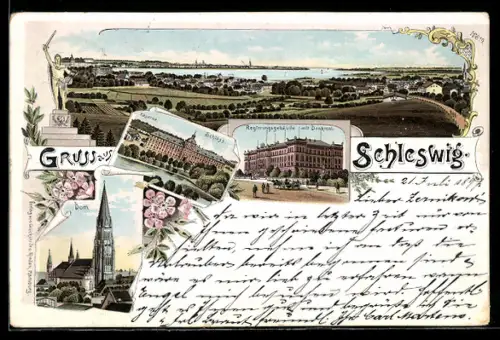 Lithographie Schleswig, Stadtansicht, Dom, Schloss Gottorf, Regierungsgebäude und Denkmal
