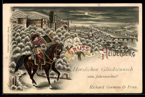 Winter-Lithographie Heidelberg, Ortsansicht mit Schloss und Neckar, Trompeter zu Pferde, Mond, Privater Neujahrsgruss