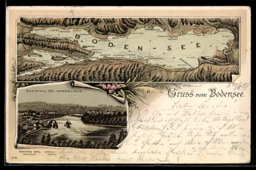 Lithographie Rheinfall, Bodensee, Übersichtskarte, Rheinfall bei Mondschein