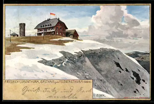 Künstler-AK Gottlob Theuerkauf: Feldberg, Friedrich-Luisenturm, Gasthaus zum Feldbergthurm