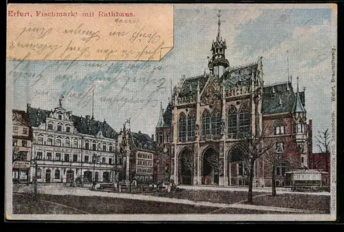 Seiden-Imitations-AK Erfurt, Fischmarkt mit Rathaus