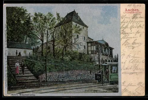 Seiden-Imitations-AK Aachen, Linzenshäuschen mit Strassenbahn