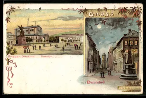 Lithographie Darmstadt, Krieger-Denkmal, Theater, Ernst Ludwigstrasse