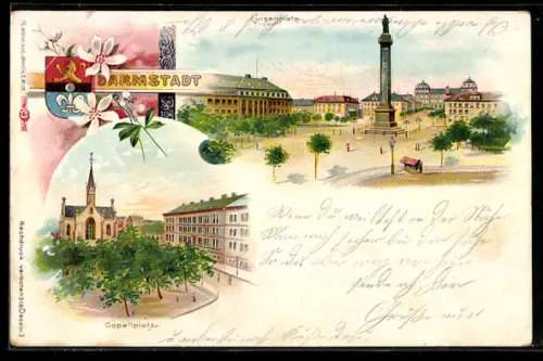 Lithographie Darmstadt, Luisenplatz, Partie am Capellplatz