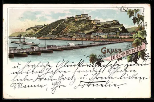 Lithographie Ehrenbreitstein, Brückenpartie im Ort