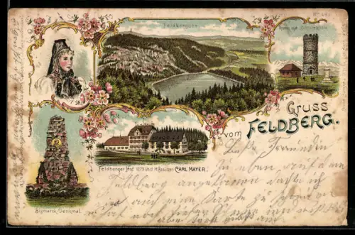 Lithographie Feldberg, Gasthaus Feldberger Hof v. Carl Mayer, Bismarck-Denkmal, Turm