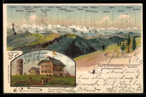Lithographie Feldberg /Bad. Schwarzwald, Turmhôtel, Besitzer C. Mayer, Alpenpanorama vom Feldberg