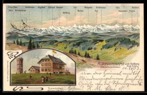 Lithographie Feldberg /Bad. Schw., Turmhôtel von C. Mayer, Alpenpanorama vom Feldberg aus