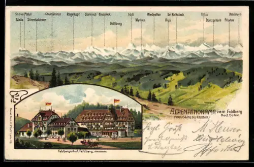 Lithographie Feldberg /Bad. Schw., Gasthaus Feldbergerhof, Alpenpanorama vom Feldberg aus