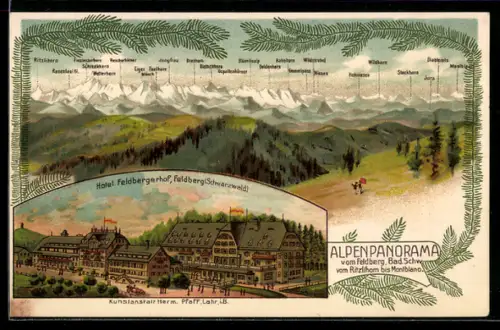 Lithographie Feldberg /Schwarzwald, Hotel Feldbergerhof, Alpenpanorama vom Feldberg aus
