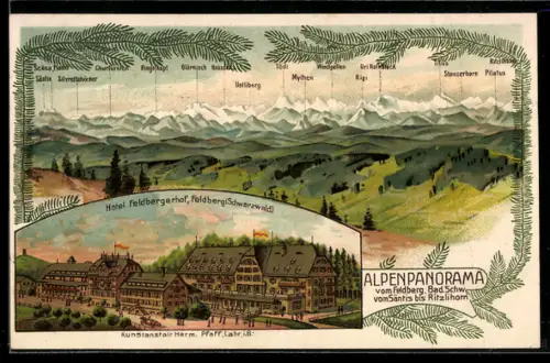 Lithographie Feldberg /Schwarzwald, Hotel Feldbergerhof, Alpenpanorama vom Feldberg gesehen