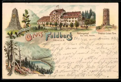 Lithographie Feldberg, Feldbergerhof, Bes. Carl Mayer, Bismarck-Denkmal, Friedrich-Luisen-Turm