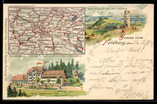 Lithographie Feldberg, Hotel Feldberger Hof, Landkarte der Umgebung