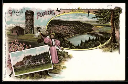 Lithographie Feldberg, Gasthaus Feldberger Hof v. Carl Mayer, Aussichtsturm