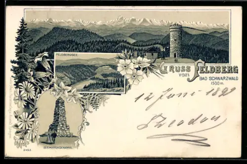 Lithographie Feldberg /Bad Schwarzwald, Feldbergsee und Bismarckdenkmal
