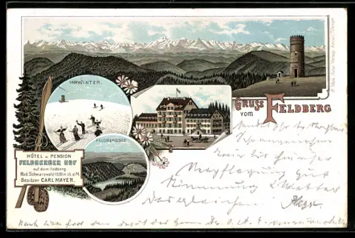 Lithographie Feldberg /Bad. Schwarzwald, Hotel Feldberger Hof, Bes. Carl Mayer, Feldbergsee, Ansicht im Winter