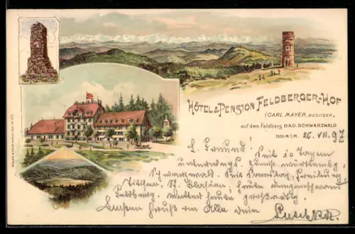 Lithographie Feldberg /Bad. Schwarzwald, Hotel und Pension Feldberger-Hof, Bes. Carl Mayer, Bergpanorama mit Turm