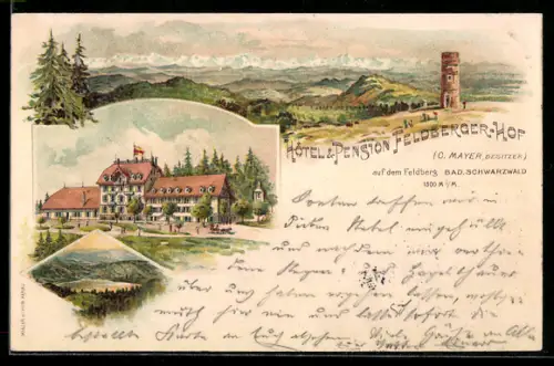 Lithographie Feldberg /Schwarzwald, Hotel und Pension Feldberger Hof, Inh. C. Mayer, Aussichtsturm