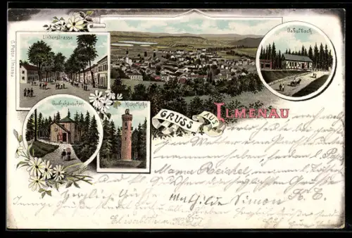 Lithographie Ilmenau, Lindenstrasse, Kickelhahn, Goethehäuschen