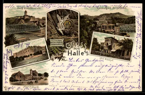 Lithographie Halle a. S., Burg Giebichenstein, Moritzburg, Bad Wittekind, Reilsburg