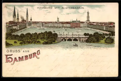Lithographie Hamburg-St.Georg, Ortsansicht mit Alsterbassin
