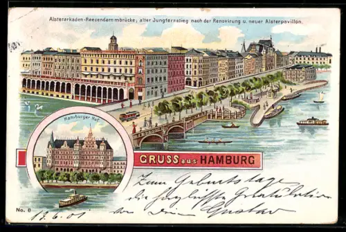 Lithographie Hamburg, Gasthaus Hamburger Hof, Alsterarkaden, Reesendammbrücke