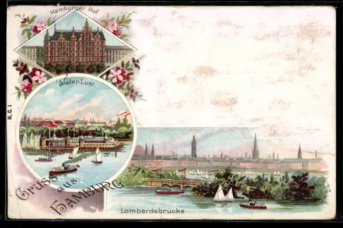 Lithographie Hamburg, Gasthaus Hamburger Hof, Alster-Lust, Lombardsbrücke