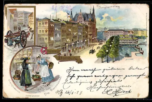 Lithographie Hamburg-Neustadt, Jungfernstieg, Vierländerin in Tracht, Milchkarren