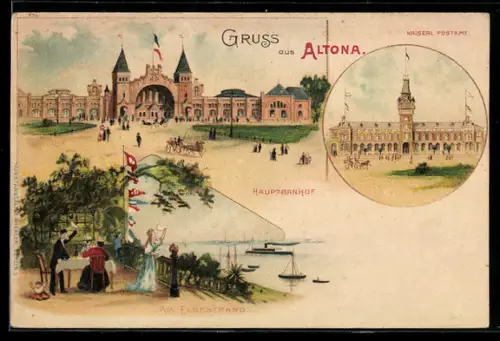 Lithographie Hamburg-Altona, Hauptbahnhof, Kaiserliches Postamt, Elbstrand