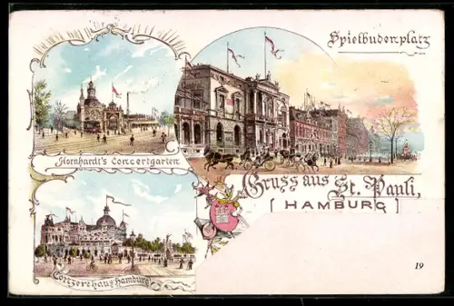 Lithographie Hamburg-St.Pauli, Spielbudenplatz, Kornhardt`s Concertgarten, Concerthaus Hamburg